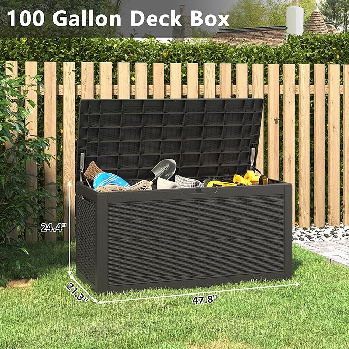 Outdoor Storage Box, Resin Deck Boxes Outdoor Waterproof For Patio Furniture, Garden Tools, Pool Supplies, Durable And UV Resistant, Lockable (100 Gallon, Black)
