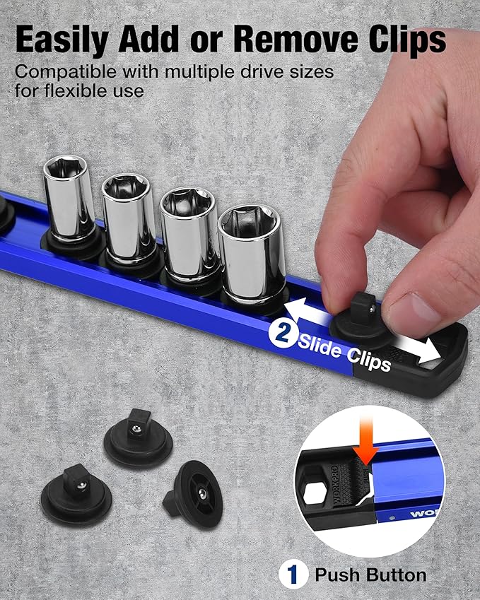 WORKPRO Magnetic Socket Organizer Set, 1/2" 3/8" 1/4" Drive Aluminum Alloy Socket Holder, 3PC Socket Rail with Removable Socket Clips, Socket Organizer Tray for Tool Box Drawer (Sockets Not Included)