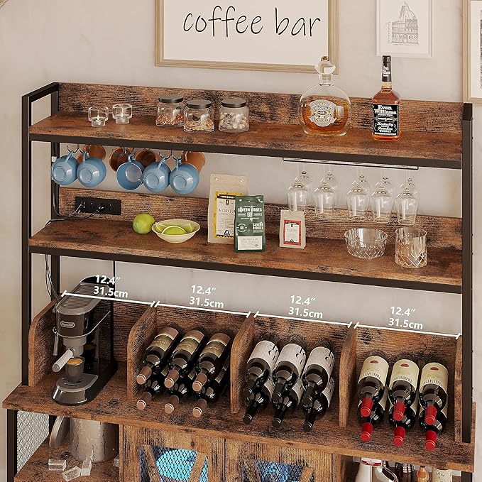 IRONCK Coffee Bar Cabinet with Power Outlet, Industrial Buffet Cabinet with LED Strip and Glass Holder, 3-Tiers Liquor Cabinet Bar for Home, Dining Room, Kitchen, Vintage Brown
