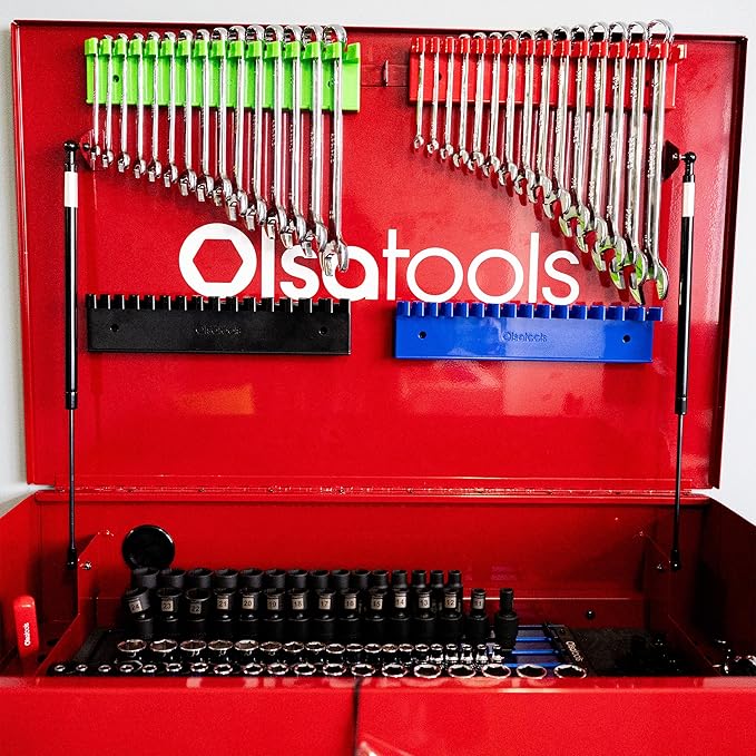 Olsa Tools Magnetic Wrench Organizer, Red - 15 Slot Wrench Holder - SAE and Metric Magnetic Wrench Rack - Rubberized Scratch Free Base - Wall or Toolbox Mountable Wrench Storage - Part: 1877