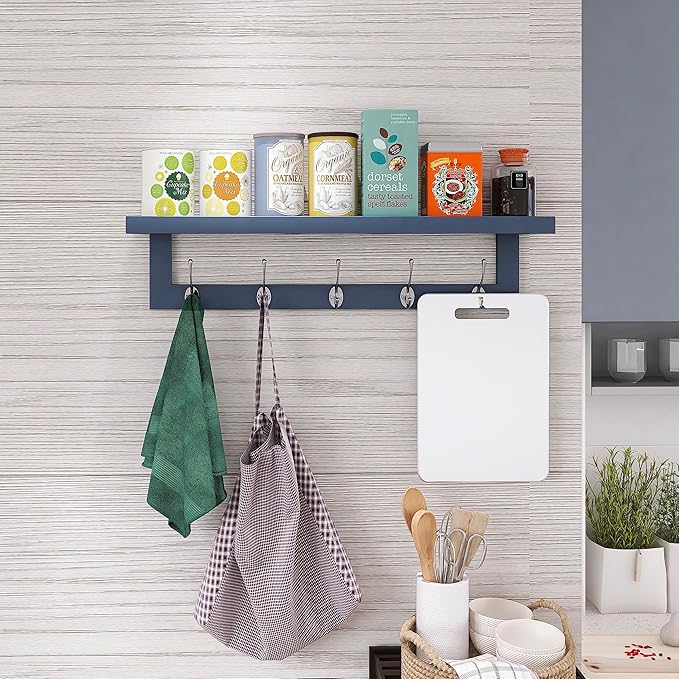 SMIBUY Coat Hooks with Shelf Wall-Mounted, 29.2 Inch Entryway Coat Rack for Wall, Bamboo Hanging Shelf with 5 Double Metal Hooks for Bathroom, Bedroom, Kitchen, Living Room, Mudroom (Grey)