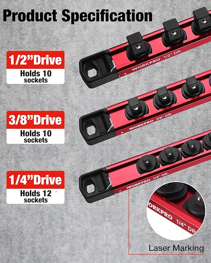 WORKPRO Magnetic Socket Organizer Set, 1/2" 3/8" 1/4" Drive Aluminum Alloy Socket Holder, 3PC Socket Rail with Removable Socket Clips, Socket Organizer Tray for Tool Box Drawer (Sockets Not Included)