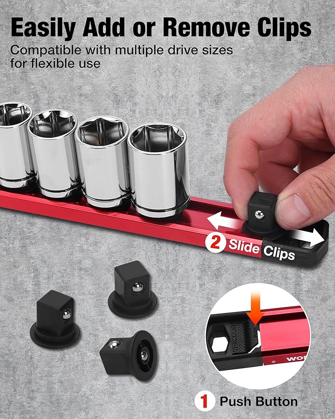 WORKPRO Magnetic Socket Organizer, 1/2" Drive Aluminum Alloy Socket Holder, Heavy Duty Socket Rail with 10 PC Removable Socket Clips, Socket Organizer Tray for Tool Box Drawer (Sockets Not Included)