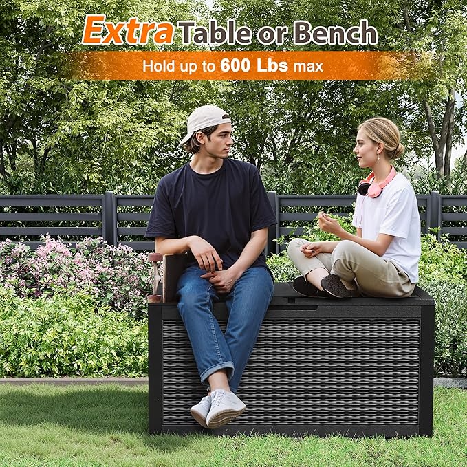 100 Gallon Outdoor Storage Box Waterproof, Resin Deck Box Doubles as 2-Person Bench Seat, Lockable Patio Storage Boxes Outdoor Waterproof for Furniture, Gardening Tools, Black