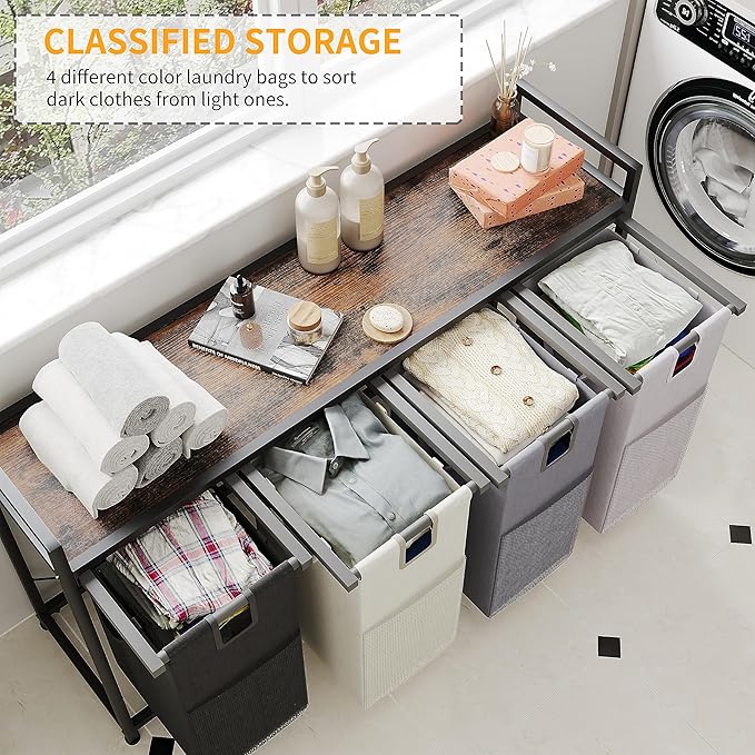 Laundry Basket Four Laundry Hamper with Removable Bags, Fabric Handles, Large Top Shelf and Laundry Bag for Bathroom, Dorm, Laundry Room