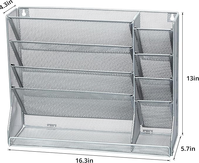 File Organizer Wall Mounted 4 Tiers Durable Adjustable Metal Vertical Hanging With 4 Pen Slots Stable R-shaped Bottom 4 Pull-out Devider to Sort File, Mail, Newspaper,Pen, Suitable for Office, Silver