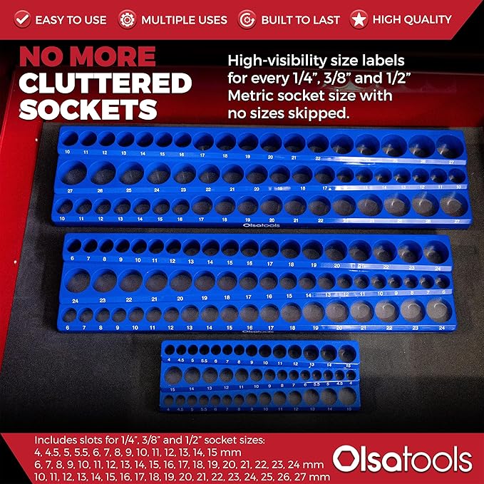 Olsa Tools 3-Row Magnetic Socket Organizer - Patented 3pc Socket Holder Kit - 1/2-Inch, 3/8-Inch, & 1/4-Inch Drive - Socket Organizers For Toolboxes - Blue - Holds 141 - Part 1562