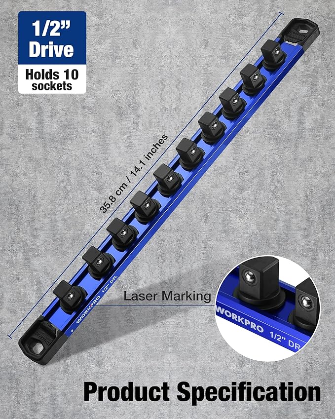 WORKPRO Magnetic Socket Organizer, 1/2" Drive Aluminum Alloy Socket Holder, Heavy Duty Socket Rail with 10 PC Removable Socket Clips, Socket Organizer Tray for Tool Box Drawer (Sockets Not Included)
