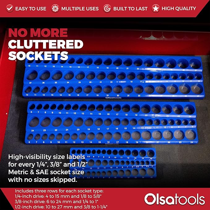 Olsa Tools Magnetic Socket Organizer | 6pc Socket Holder Kit | 1/2-Inch, 3/8-Inch, & 1/4-Inch Drive | Socket Organizers For Toolboxes | Blue | Holds 273 | Professional-Grade Tool Organizer | Part 1669