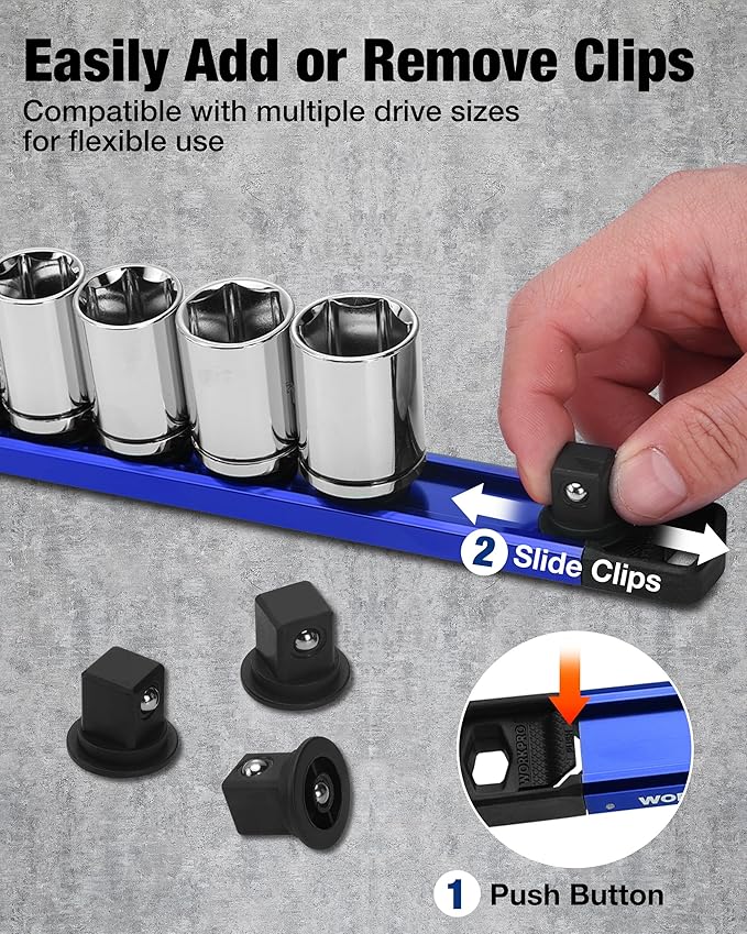 WORKPRO Magnetic Socket Organizer, 1/2" Drive Aluminum Alloy Socket Holder, Heavy Duty Socket Rail with 10 PC Removable Socket Clips, Socket Organizer Tray for Tool Box Drawer (Sockets Not Included)