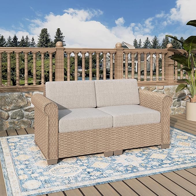 Patio Couch, 2-Piece Outdoor Rattan Wicker Sofa with 5.5" Thick Waterproof Cushions Deck Backyard