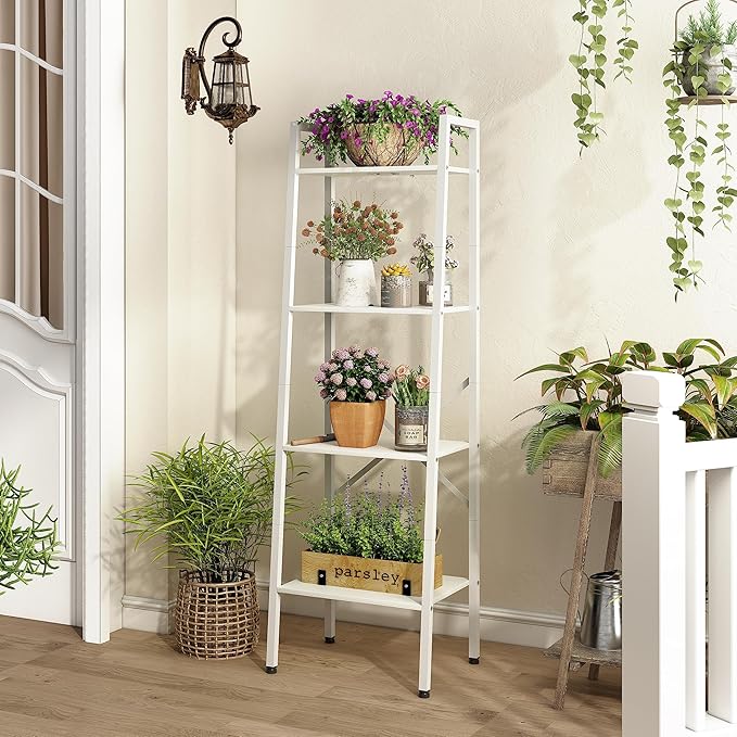 Hoctieon 4-Tier Industrial Ladder Bookshelf, Narrow Ladder Shelf, Tall Standing Bookshelf, Skinny Open Ladder Shelf, for Living Room, Home Office, Kitchen, Bedroom, Metal Frame, White