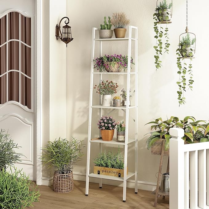 Hoctieon 5-Tier Industrial Ladder Bookshelf, Narrow Ladder Shelf, Tall Standing Bookshelf, Skinny Open Ladder Shelf, for Living Room, Home Office, Kitchen, Bedroom, Metal Frame, White