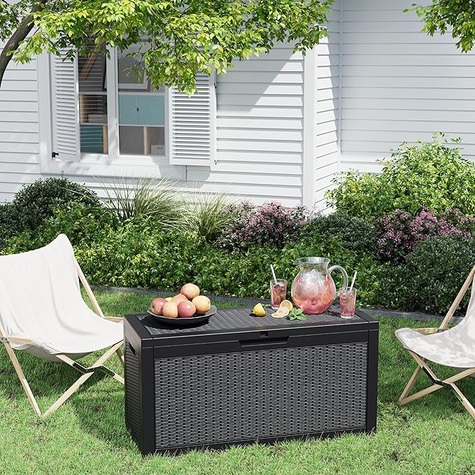 70 Gallon Outdoor Storage Deck Box Waterproof,Large Resin Storage Container for Outside,Patio Accessories for Outsid,Backyard Delivery Boxes,Lockable Lid,Rattan Black