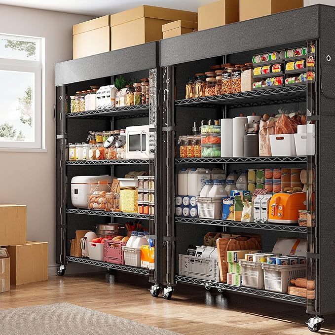 REIBII 72.8" H Storage Shelves with Cover & Wheels, Wire Shelving Heavy Duty Metal Shelving for Pantry Garage Kitchen Commercial Industrail, Storage Rack Shelf Shelving, 35" W*16" D*72.8" H
