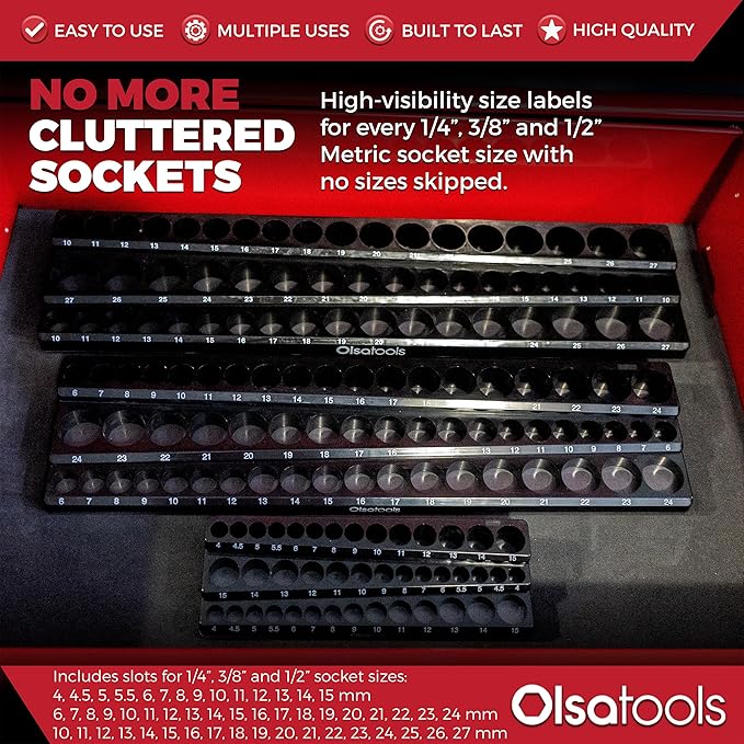 Olsa Tools Magnetic Socket Organizer | 3pc Socket Holder Kit | 1/2-Inch, 3/8-Inch, 1/4-Inch Drive | Socket Organizers For Toolboxes | Black | Holds 141 | Professional-Grade Tool Organizer | Part 1563