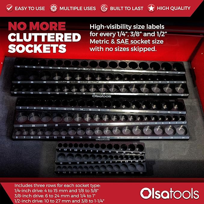 Olsa Tools Magnetic Socket Organizer | 6pc Socket Holder Kit | 1/2-Inch, 3/8-Inch, & 1/4-Inch Drive | Socket Organizers For Toolboxes | Red | Holds 273 | Professional-Grade Tool Organizer | Part 1667