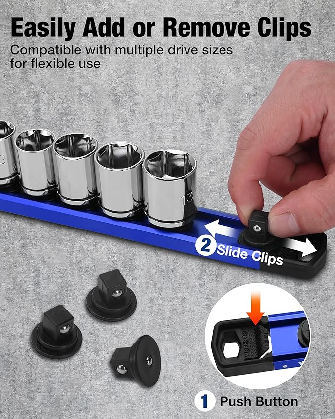 WORKPRO Magnetic Socket Organizer, 3/8" Drive Aluminum Alloy Socket Holder, Heavy Duty Socket Rail with 10 PC Removable Socket Clips, Socket Organizer Tray for Tool Box Drawer (Sockets Not Included)