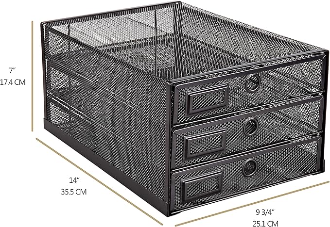 Annova Desk Organizer Wire Mesh 3 Tier Sliding Drawers Paper Sorter/Multifunctional/Premium Solid Construction for Letters, Documents, Mail, Files, Paper, Kids' Art Supplies (Black)