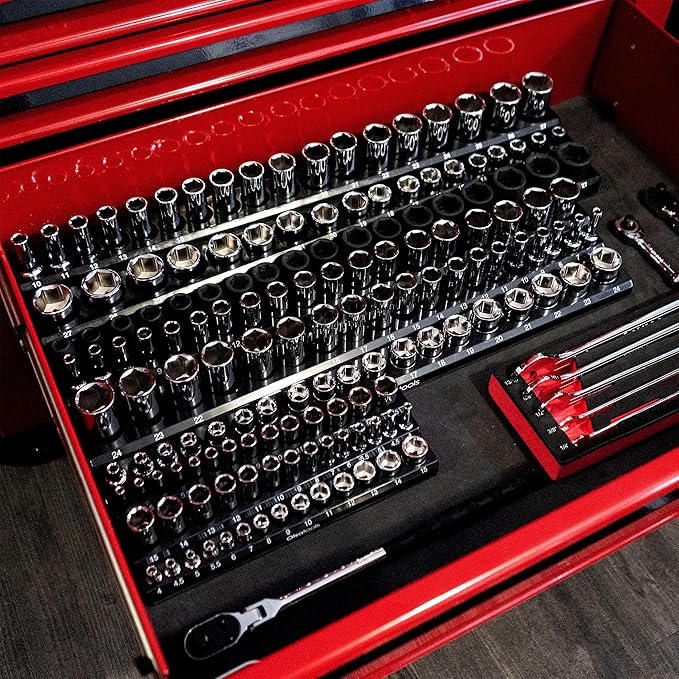 Olsa Tools Magnetic Socket Organizer | 6pc Socket Holder Kit | 1/2-Inch, 3/8-Inch, & 1/4-Inch Drive | Socket Organizers For Toolboxes | Red | Holds 273 | Professional-Grade Tool Organizer | Part 1667
