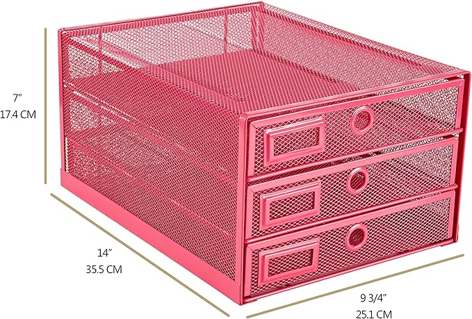 Annova Desk Organizer Wire Mesh 3 Tier Sliding Drawers Paper Sorter/Multifunctional/Premium Solid Construction for Letters, Documents, Mail, Files, Paper, Kids' Art Supplies (Pink)