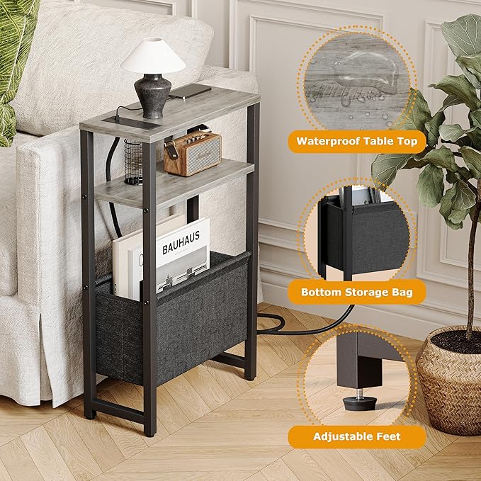 Narrow Side Table with Charging Station Slim End Table Sofa with Magazine Rack, Bedside Table for Small Spaces, 3 Tier Nightstand for Living Room Couch, Bedroom Oak Grey LET503QE