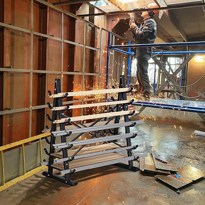 7-Tier Horizontal Storage Rack, Heavy-Duty Freestanding Steel Horizontal Bar Storage Cantilever Rack, Standing Lumber Horizontal Storage Rack, Metal Arms Pallet Racking Up to 5000 Lbs
