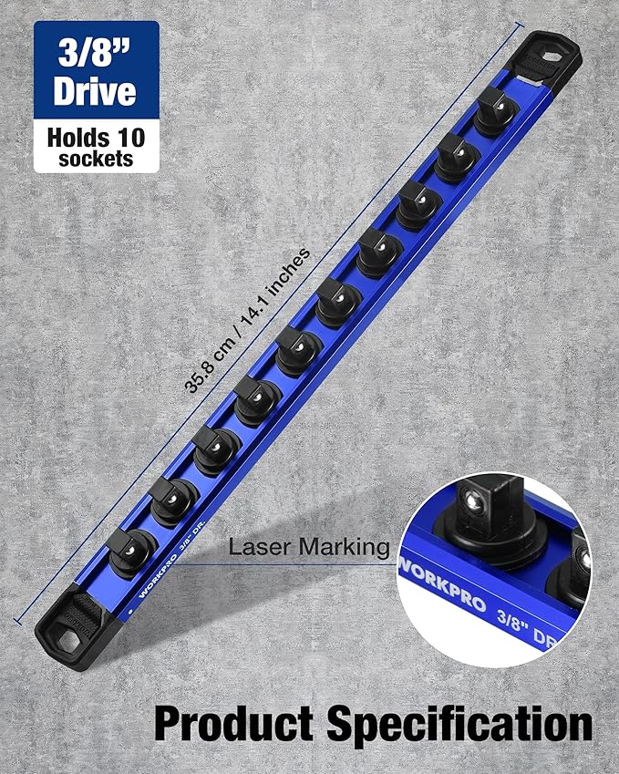 WORKPRO Magnetic Socket Organizer, 3/8" Drive Aluminum Alloy Socket Holder, Heavy Duty Socket Rail with 10 PC Removable Socket Clips, Socket Organizer Tray for Tool Box Drawer (Sockets Not Included)