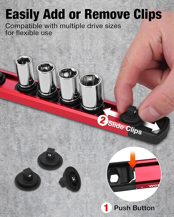 WORKPRO Magnetic Socket Organizer Set, 1/2" 3/8" 1/4" Drive Aluminum Alloy Socket Holder, 6PC Socket Rail with Removable Socket Clips, Socket Organizer Tray for Tool Box Drawer (Sockets Not Included)