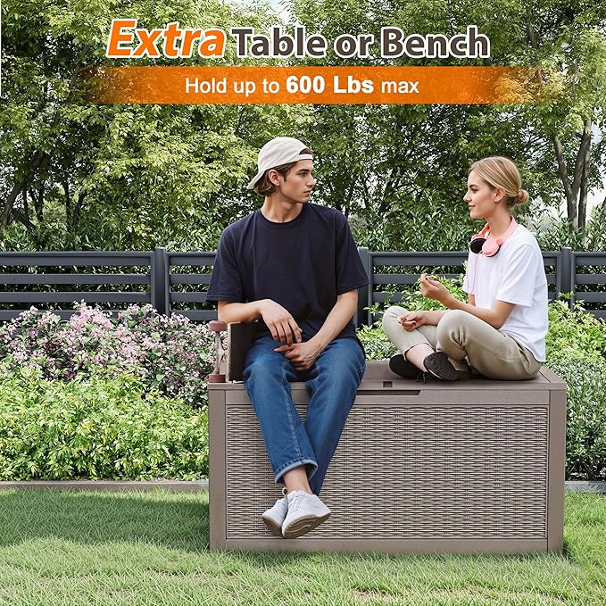 100 Gallon Outdoor Storage Box Waterproof, Resin Deck Box Doubles as 2-Person Bench Seat, Lockable Patio Storage Boxes Outdoor Waterproof for Furniture, Gardening Tools, Grey