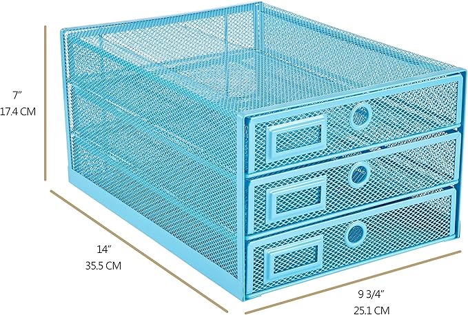 Annova Desk Organizer Wire Mesh 3 Tier Sliding Drawers Paper Sorter/Multifunctional/Premium Solid Construction for Letters, Documents, Mail, Files, Paper, Kids' Art Supplies (Blue)