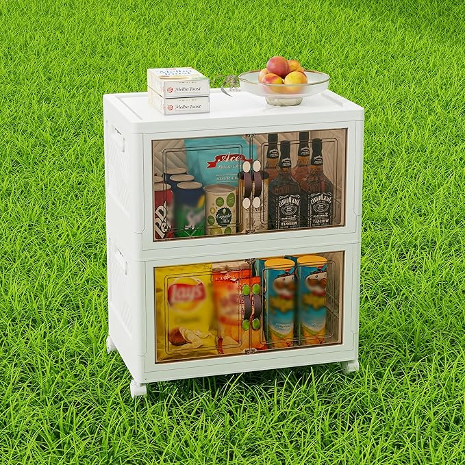 Storage Bins with Lids and Wheels, Collapsible Bathroom Storage Cabinet with Clear Doors, Plastic Stackable Closet Organizers and Storage Containers White 90 QT