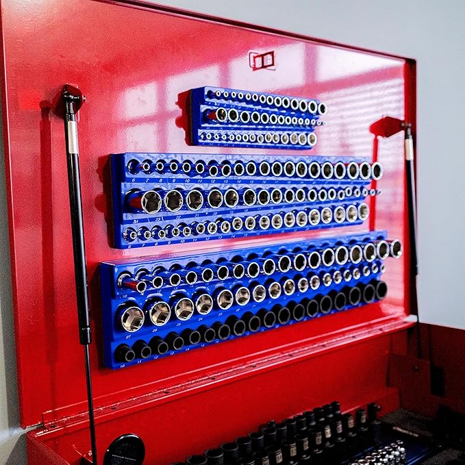 Olsa Tools 3-Row Magnetic Socket Organizer - Patented 3pc Socket Holder Kit - 1/2-Inch, 3/8-Inch, & 1/4-Inch Drive - Socket Organizers For Toolboxes - Blue - Holds 141 - Part 1562