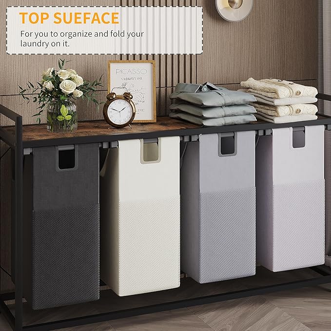 Laundry Basket Four Laundry Hamper with Removable Bags, Fabric Handles, Large Top Shelf and Laundry Bag for Bathroom, Dorm, Laundry Room
