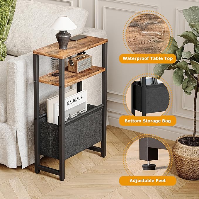 Narrow Side Table with Charging Station Slim End Table Sofa with Magazine Rack, Bedside Table for Small Spaces, 3 Tier Nightstand for Living Room Couch, Bedroom Rustic Brown LET503RE