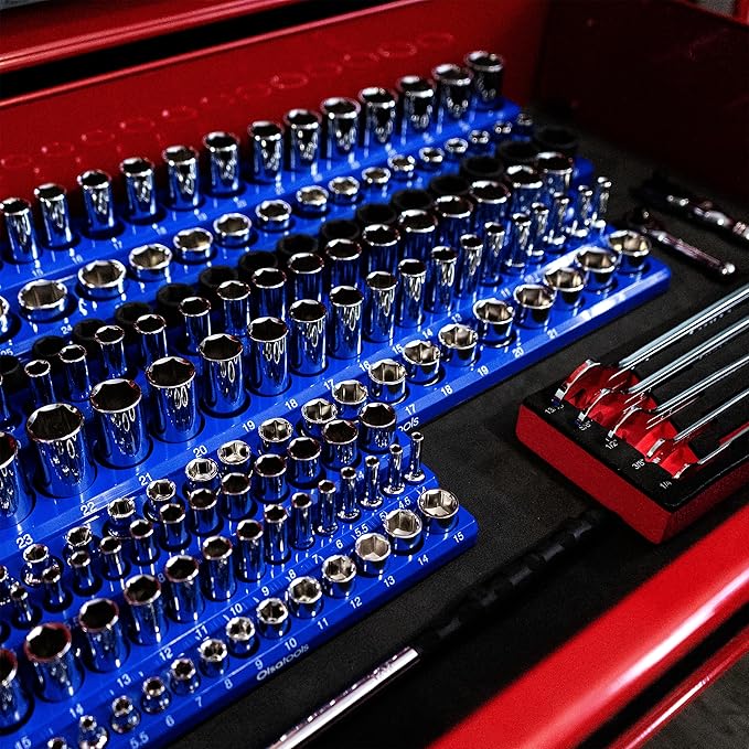 Olsa Tools 3-Row Magnetic Socket Organizer - Patented 3pc Socket Holder Kit - 1/2-Inch, 3/8-Inch, & 1/4-Inch Drive - Socket Organizers For Toolboxes - Blue - Holds 141 - Part 1562