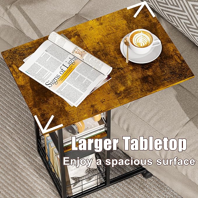 Rolling C-Shaped Side Table with Charging Station, Night Stand with Type-C & USB Port and Outlet for Bedroom, Spacious Coffee Table with Wheels for Living Room, Home Office, Small Space(Large Desktop)