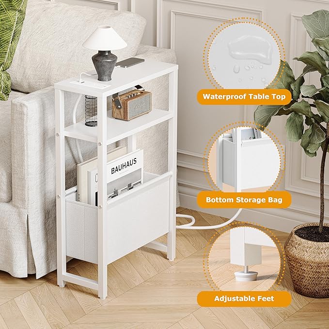 Narrow Side Table with Charging Station Slim End Table Sofa with Magazine Rack, Bedside Table for Small Spaces, 3 Tier Nightstand for Living Room Couch, Bedroom White LET503WE