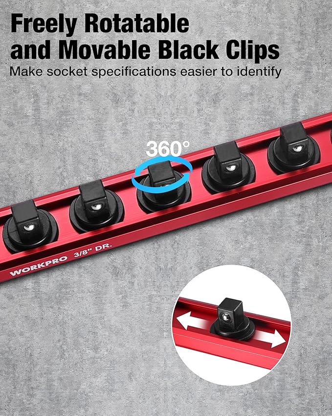 WORKPRO Magnetic Socket Organizer, 3/8" Drive Aluminum Alloy Socket Holder, Heavy Duty Socket Rail with 10 PC Removable Socket Clips, Socket Organizer Tray for Tool Box Drawer (Sockets Not Included)