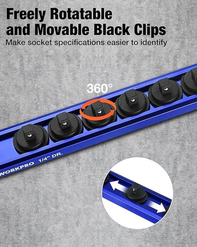 WORKPRO Magnetic Socket Organizer Set, 1/2" 3/8" 1/4" Drive Aluminum Alloy Socket Holder, 3PC Socket Rail with Removable Socket Clips, Socket Organizer Tray for Tool Box Drawer (Sockets Not Included)