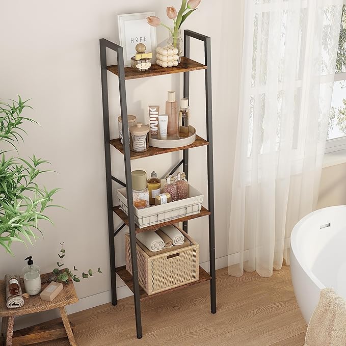 Hoctieon 4-Tier Industrial Ladder Bookshelf, Narrow Ladder Shelf, Tall Standing Bookshelf, Skinny Open Ladder Shelf, for Living Room, Home Office, Kitchen, Bedroom, Metal Frame, Rustic Brown